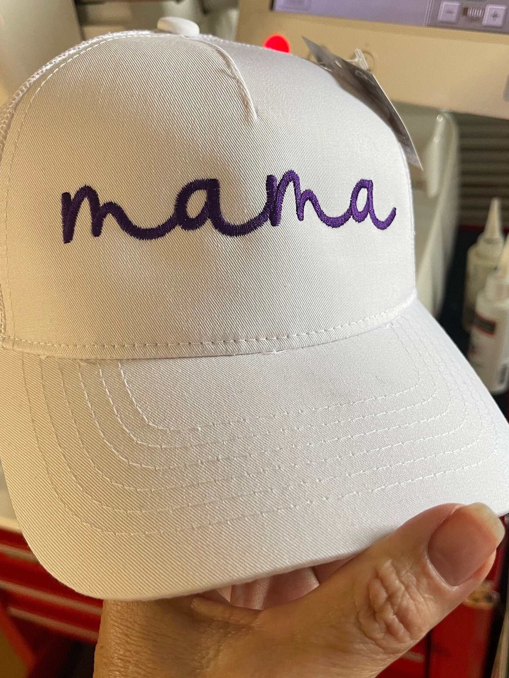 White mama embroidered baseball cap with choice of color and thread.