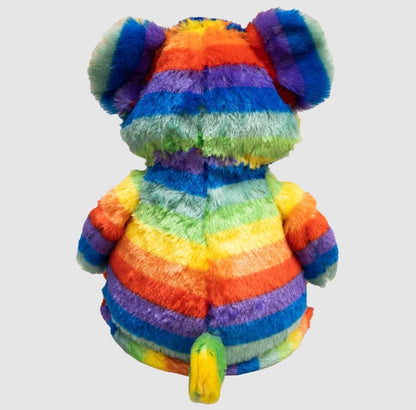 Rainbow-colored bear stuffie for baby loss memorial, approximately 16 inches tall.