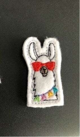 Feltie llama with red sunglasses, embroidered on white felt with colorful accents, perfect for DIY hair bow accessories and crafts.