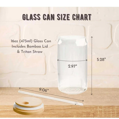 16oz glass tumbler with bamboo lid and metal straw, hand wash only.