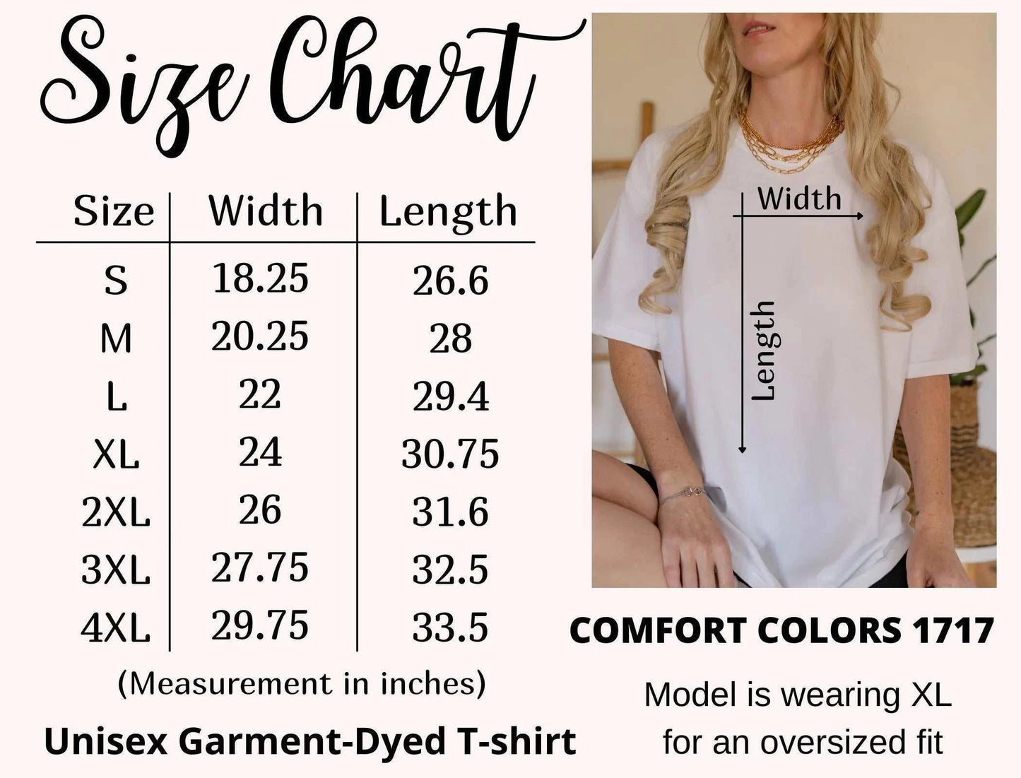 Valentine's Day shirt size chart, featuring unisex garment-dyed t-shirts in sizes S to 4XL, with model wearing XL for an oversized fit.