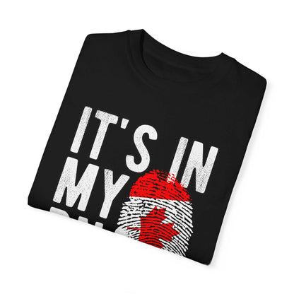 Born Canadian Patriotic T-Shirt with maple leaf design on black fabric, ideal for Canada Day and gifts.