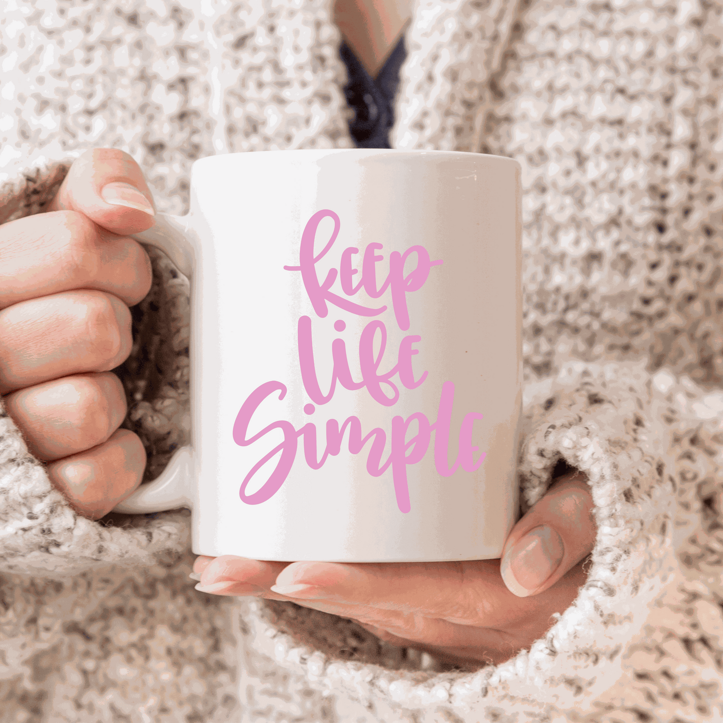 Inspirational "Keep Life Simple" white ceramic coffee mug.