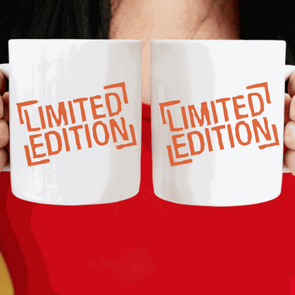 Limited edition ceramic mugs with "Limited Edition" design in orange text.