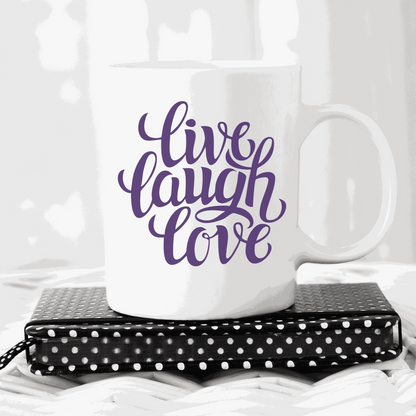 White ceramic mug with "Live, Laugh, Love" text in purple script font.