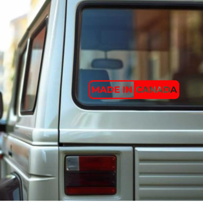 Canadian pride car window sticker with bold red "Made in Canada" text.
