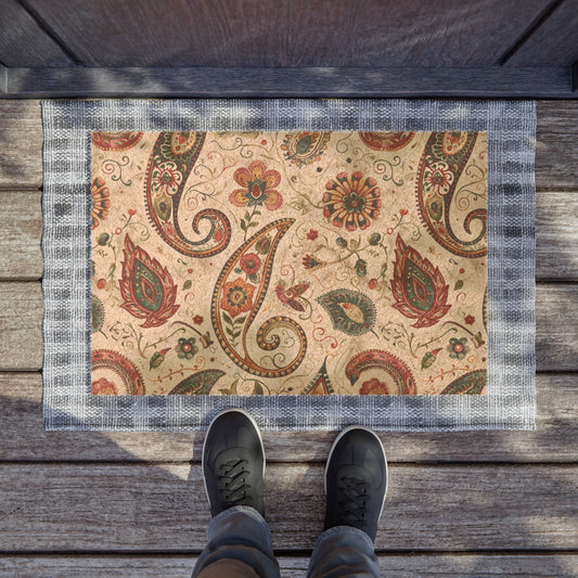 Bohemian doormat with paisley and floral design on beige background, ideal for rustic home decor.