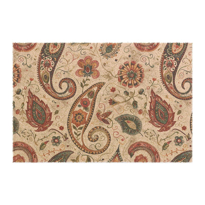 Bohemian doormat with intricate paisley and floral patterns in earthy tones on a beige background.