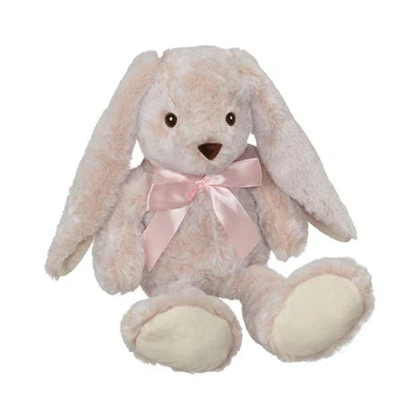 15" personalized bunny plush with embroidered name and pink bow.