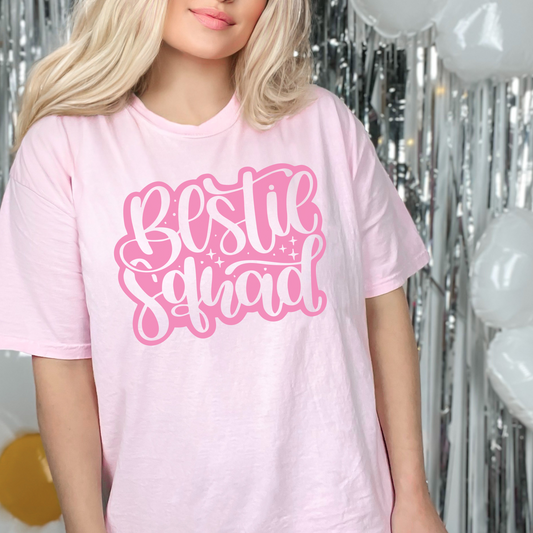 Bestie Squad Tee Shirt in pink with decorative lettering, front view.