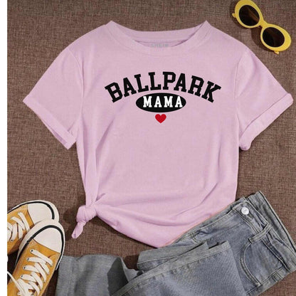 Ballpark Mama Baseball T-Shirt laid out with jeans and sneakers; yellow sunglasses nearby.