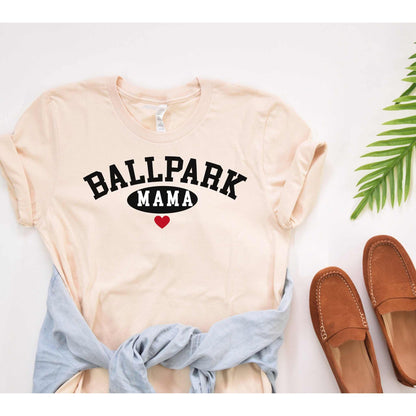 Ballpark Mama Baseball T-Shirt, beige, unisex, casual sportswear, showing "Ballpark Mama" text with red heart design.