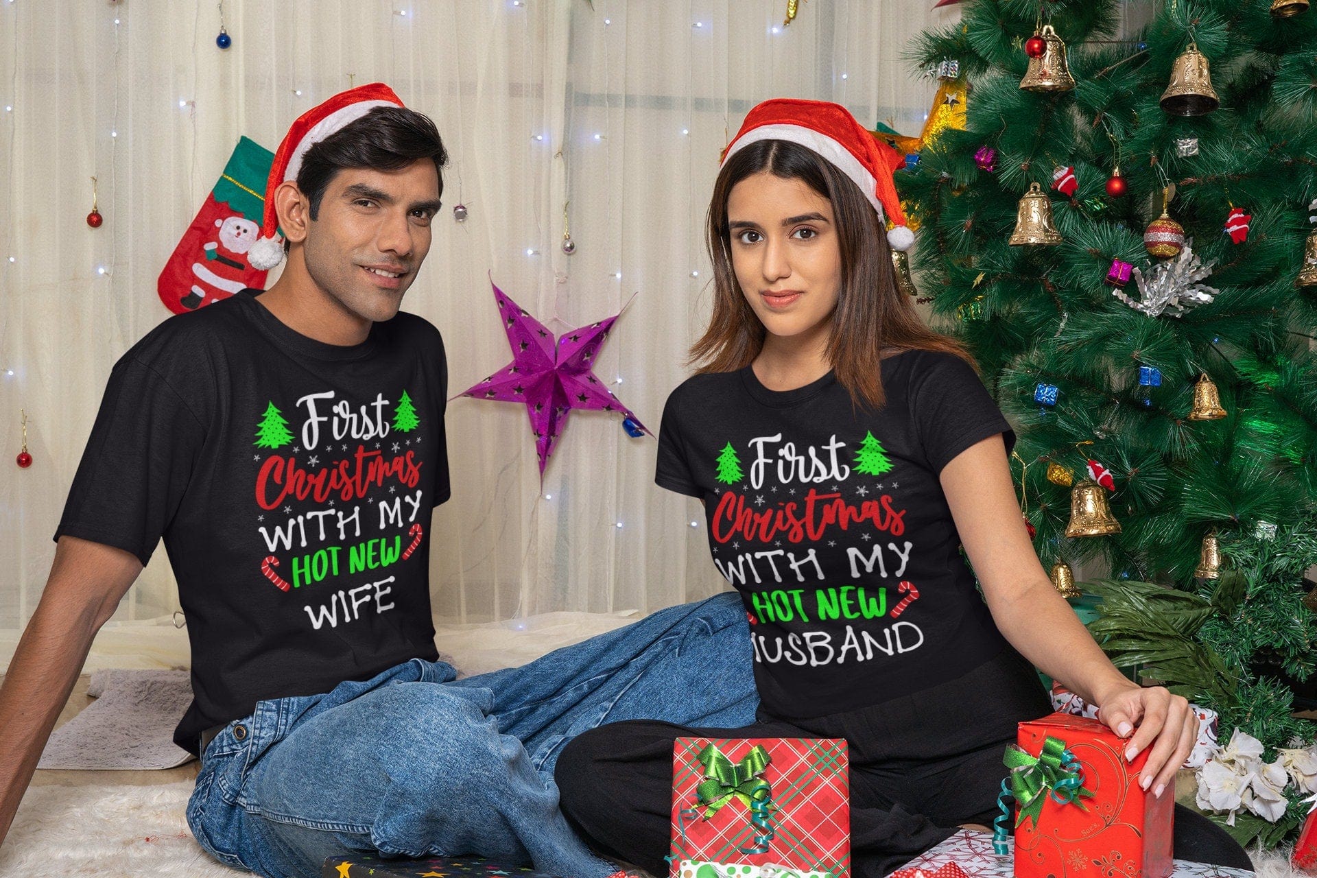 Purple LadyBug Decor First Christmas with my Hot New Wife Shirt | First Christmas as Husband and Wife | First Christmas with my Hot New Husband Shirt | Funny Tee