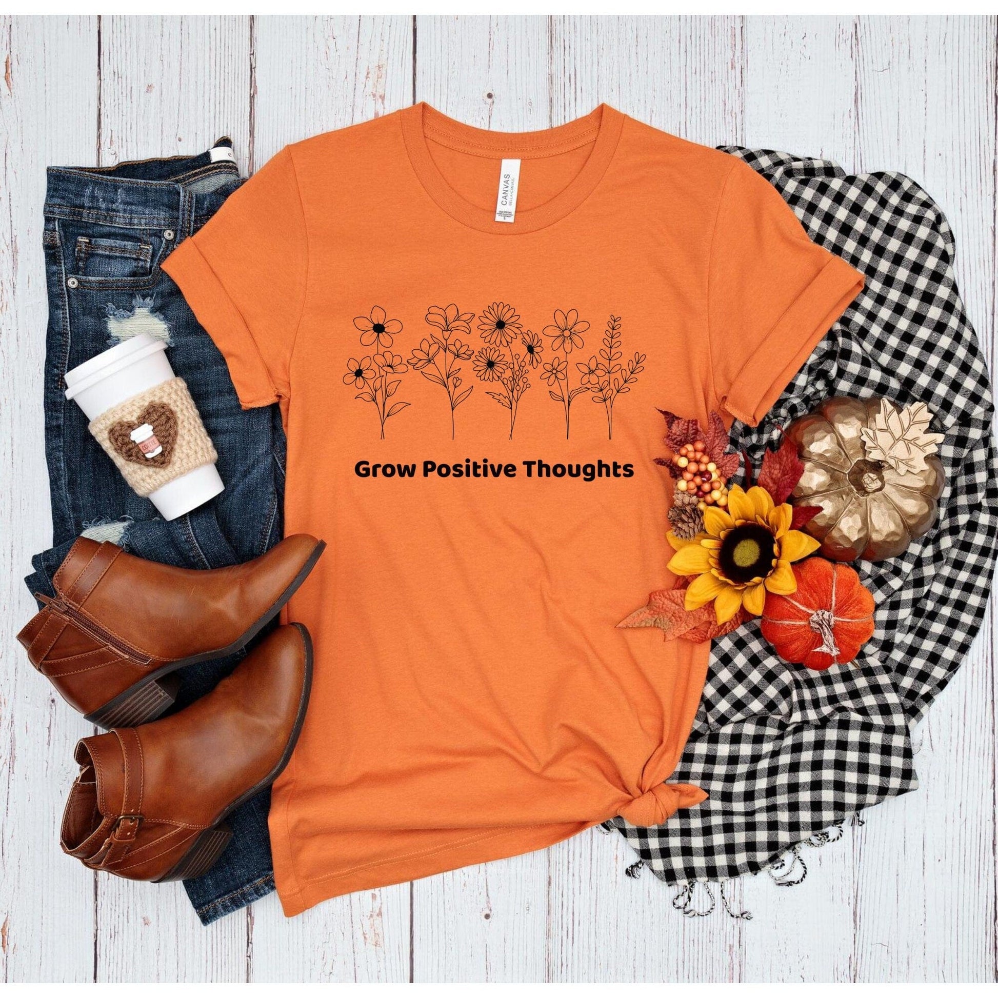 Purple LadyBug Decor Grow Positive Thoughts Shirt | Women Floral Print Tshirt | Kindness Shirt | Wildflower Shirt | Mental Health Shirt | Self Love Shirt |