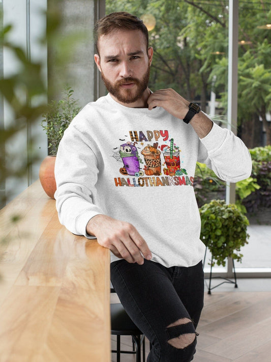 Purple LadyBug Decor Happy Hallothanksmas Sweatshirt | Ugly Christmas Sweater | Christmas Crewneck | Retro Christmas Sweatshirt | Halloween Shirt | Xmas Shirt