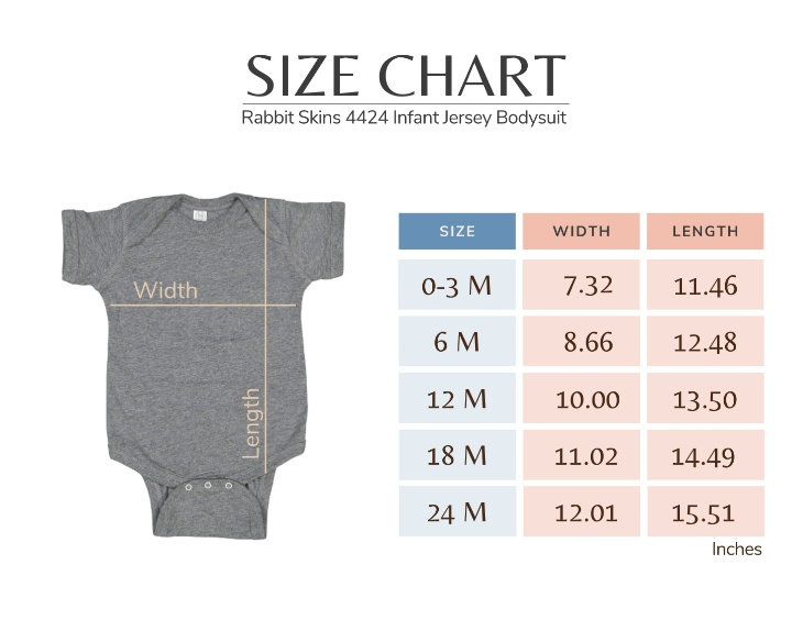 Size chart for customizable baby onesie, showcasing width and length measurements for