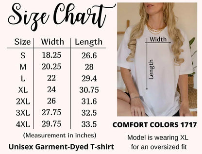 Size chart for "My Valentine's Call Me Mama" Comfort Colors T-shirt, showing measurements for sizes S to 4XL, model wearing XL.