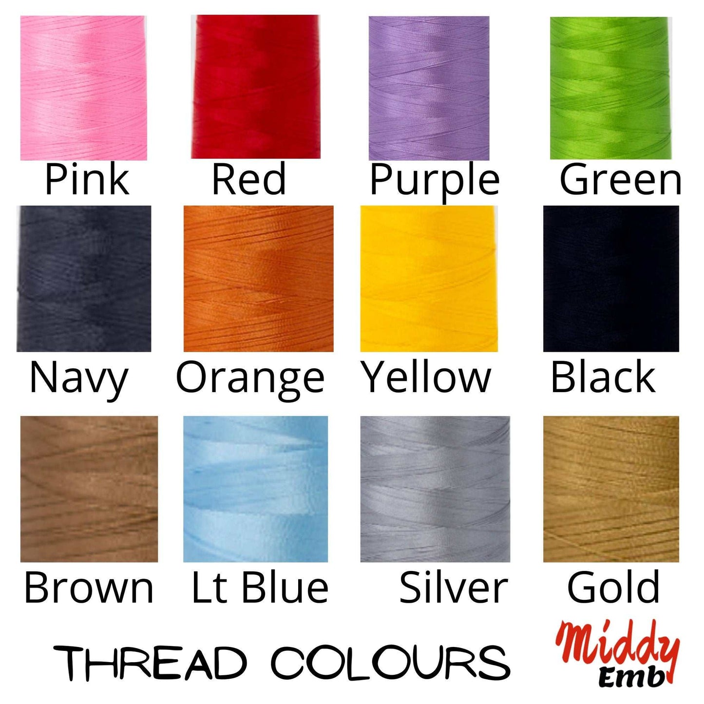 Color samples of embroidery threads in pink, red, purple, green, navy, orange, yellow, black, brown, light blue, silver, and gold for personalized dinner napkins