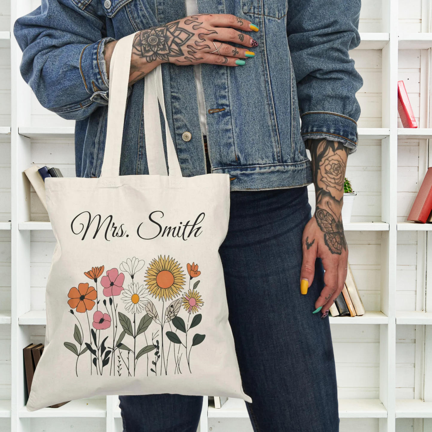 Personalized wildflower tote bag with teacher name, eco-friendly cotton canvas, ideal gift for teachers.