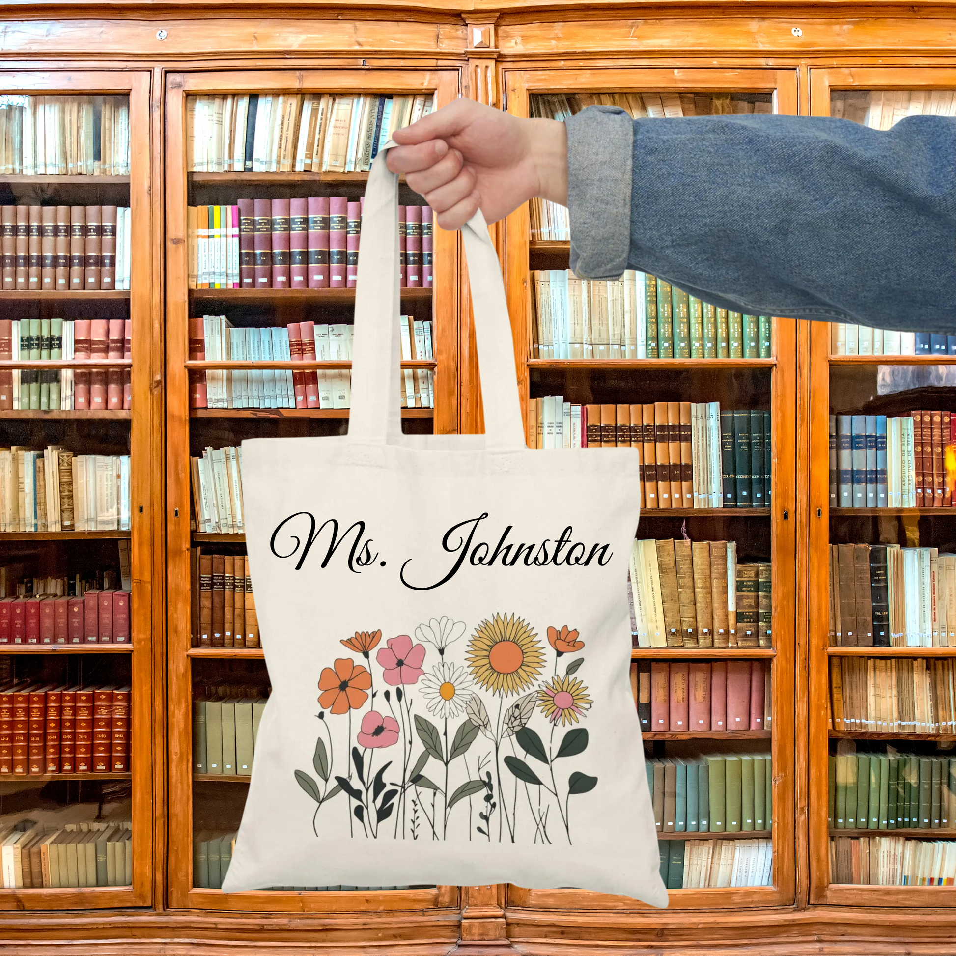 Custom wildflower tote bag for teachers, cotton canvas, personalized gift.