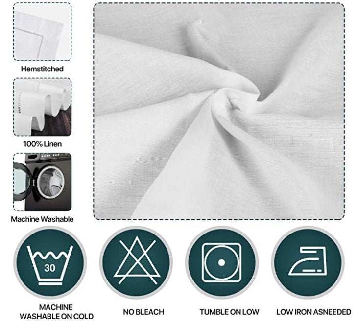 Embroidered monogrammed cream white linen blend dinner napkins with hemstitched edges, machine washable and durable.
