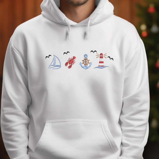 Embroidered coastal sweatshirt with ocean life and vintage boat design.