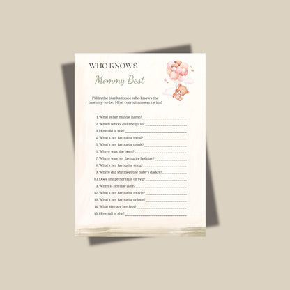 Printable baby shower game card with teddy bear balloon design featuring "Who Knows Mommy