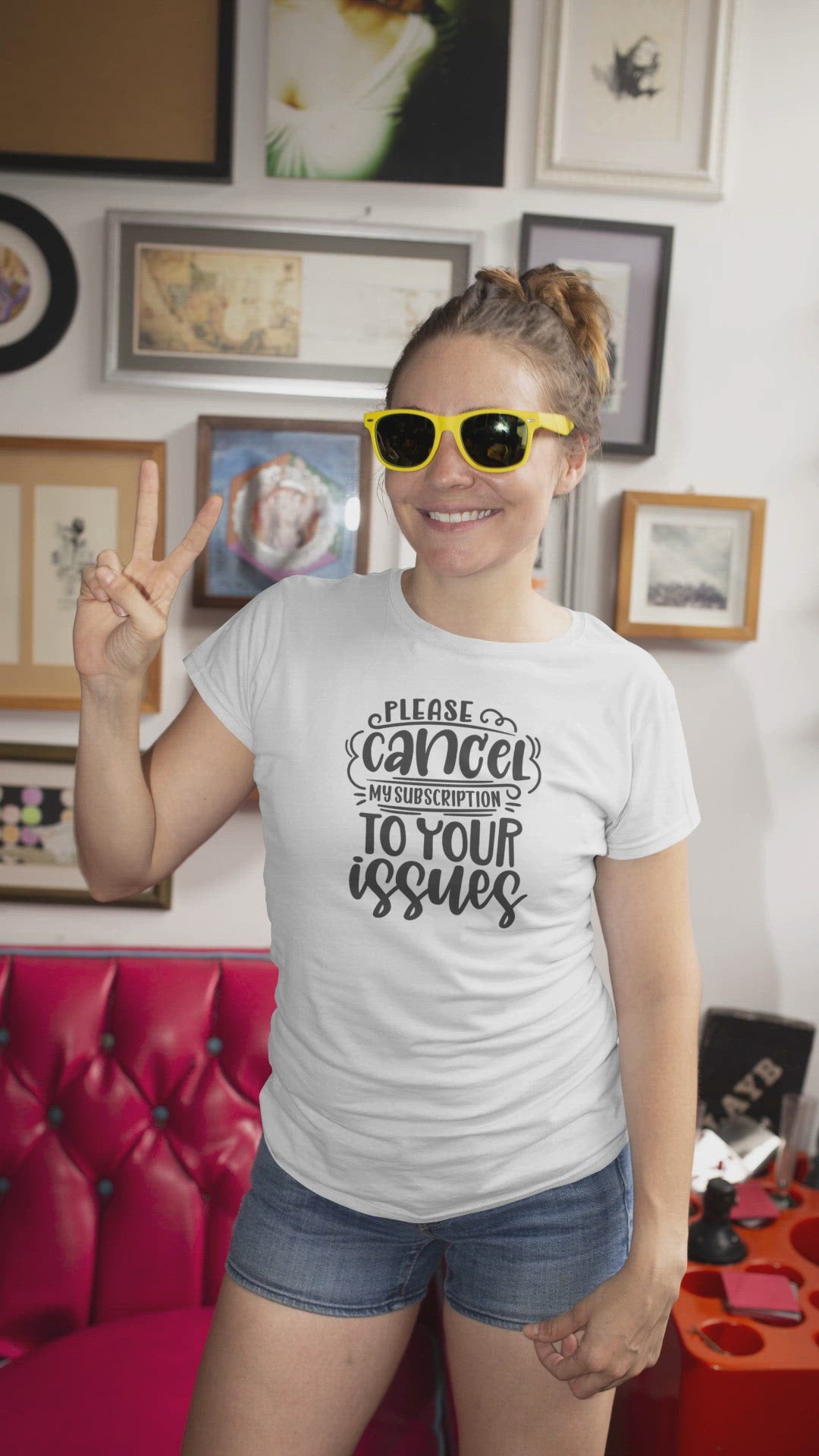 video of young lady in the please cancel subscription shirt - Purple LadyBug Decor