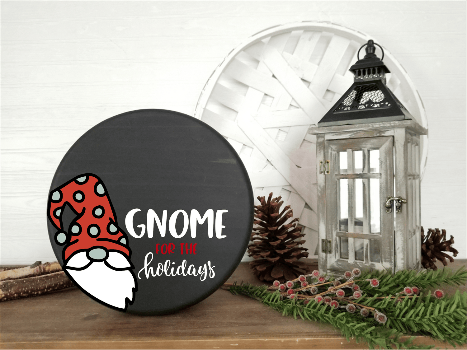 gnome for the  holidays on wood round | shelf sitter