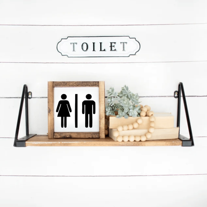 Unisex bathroom sign with wood frame; rustic decor for bathroom.