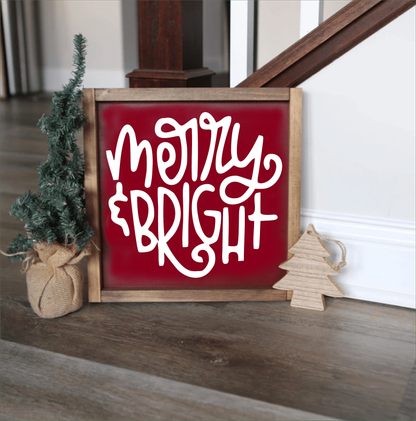 Handmade wooden "Merry & Bright" sign with rustic stain finish, customizable colors for holiday decor.