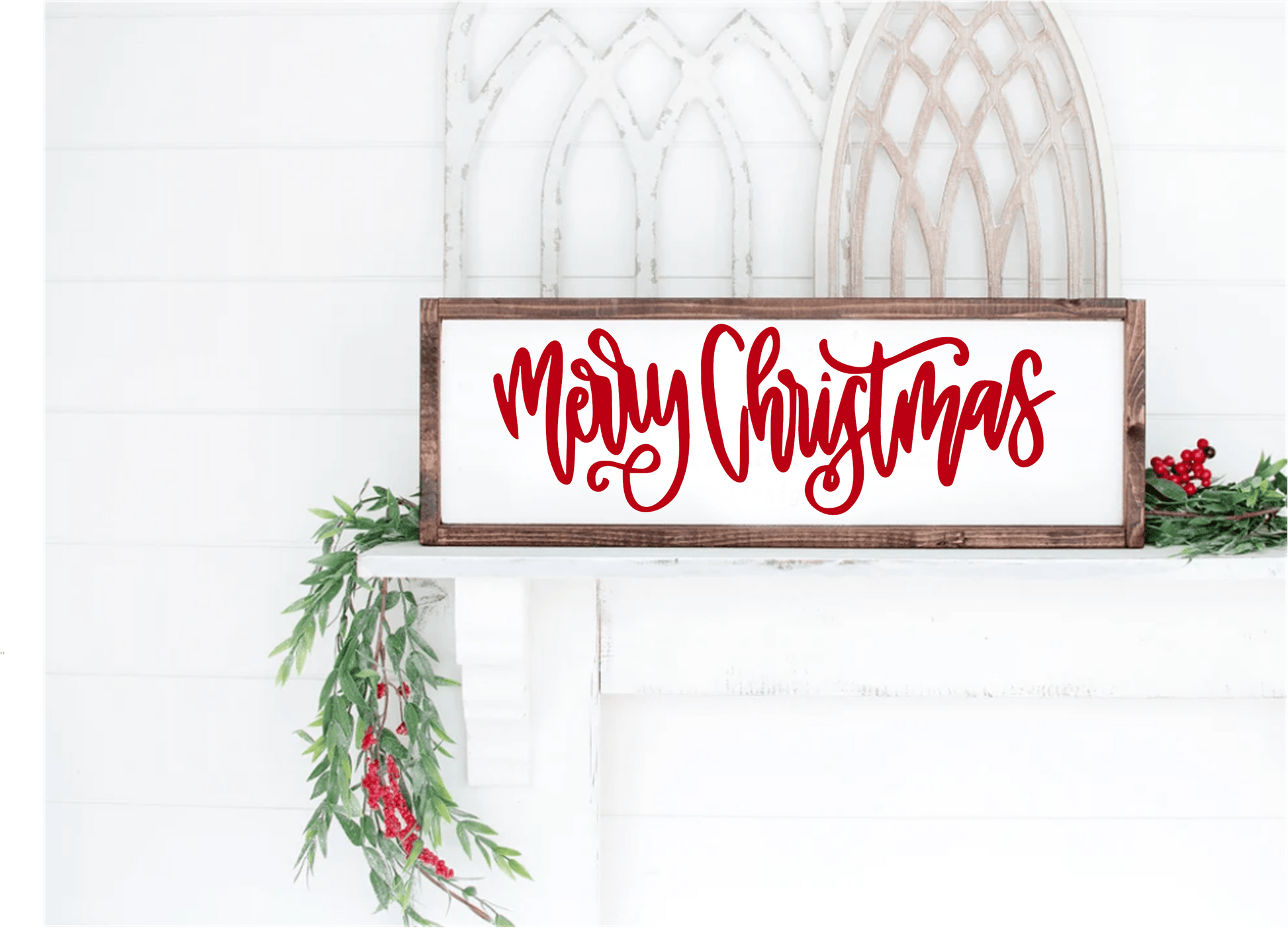 Handmade Merry Christmas large wood sign with red script and stained frame.