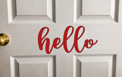 Red "hello" vinyl door decal on a white panel door.