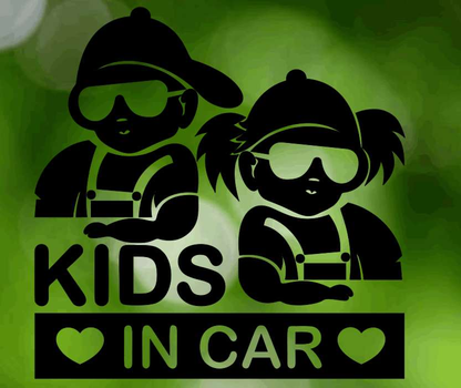 Kids in Car decal featuring two children characters with sunglasses, durable vinyl sticker.