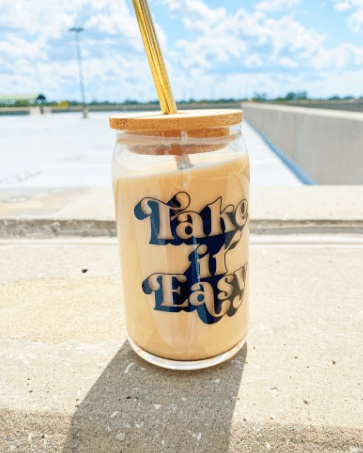 Purple LadyBug Decor Glasses Take It Easy Glass Cup with Bamboo Lid