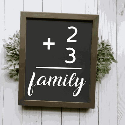 Handmade rustic wood family sign with a math flashcard design, featuring a customizable frame and lettering.