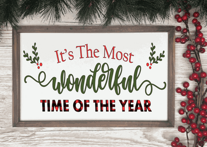 Handmade wood sign with festive lettering saying "It's the Most Wonderful Time of the Year," perfect for Christmas decor.