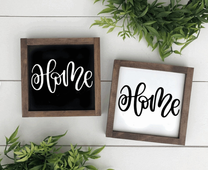 Handcrafted framed wood signs with "Home" text, in black and white backgrounds.