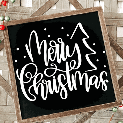 Merry Christmas handmade wood framed sign with white lettering on black background, featuring a festive tree design, 12x12 inches, hanging hardware included.
