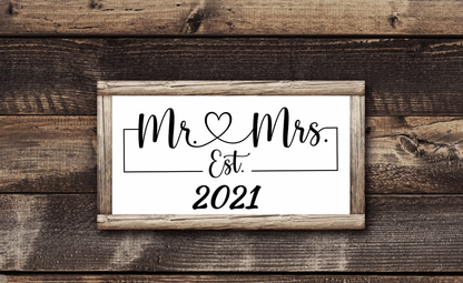 Mr and Mrs wooden wedding sign with rustic design and customizable options.