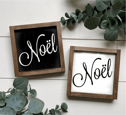 Handcrafted 'Noel' framed wood sign with black and white backgrounds, featuring black and white lettering, perfect for festive home decor.