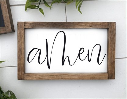 Rustic wood sign with "Amen" in black script, farmhouse home décor.