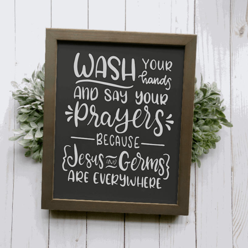 Purple LadyBug Decor Sign Wash Your Hands and Say Your Prayers | Framed Wood Sign